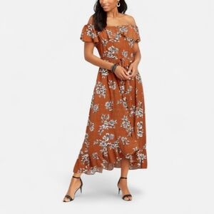 NWT Maurices Off The Shoulder Midi Dress Ruffled Brown White Floral Rayon SM